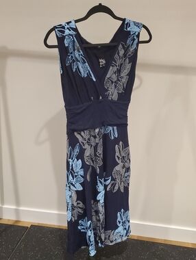 Lilikoi - Navy Blue Floral Maxi Dress with Light Blue Leaf Print